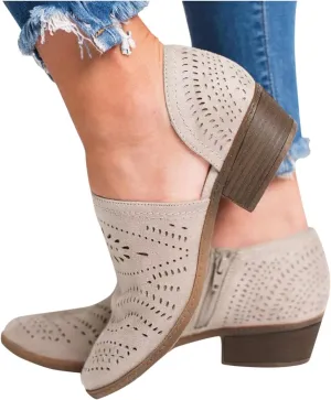 Ankle Boots for Women Casual Slip On Loafers Pointed Toe Chunky Block Low Heel Shoes Cut Out Office Dress Comfy Casual Booties -D