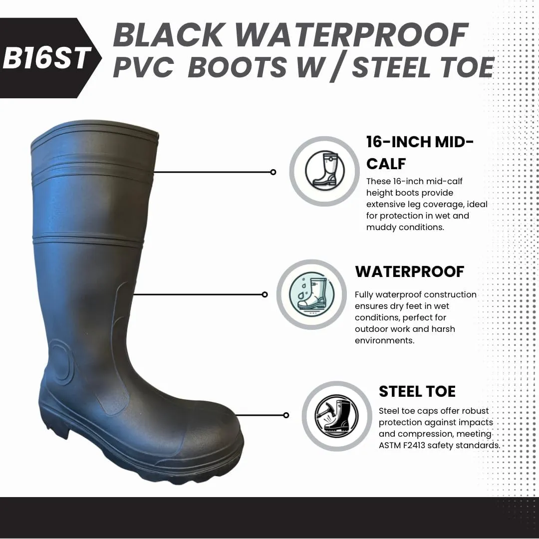B16ST Industrial Black Waterproof PVC Rubber Rain Boots with Steel Toe Protection, 16-Inch, Unlined with Steel Shank, Outdoor Protective Safety Footwear (1 Pair)