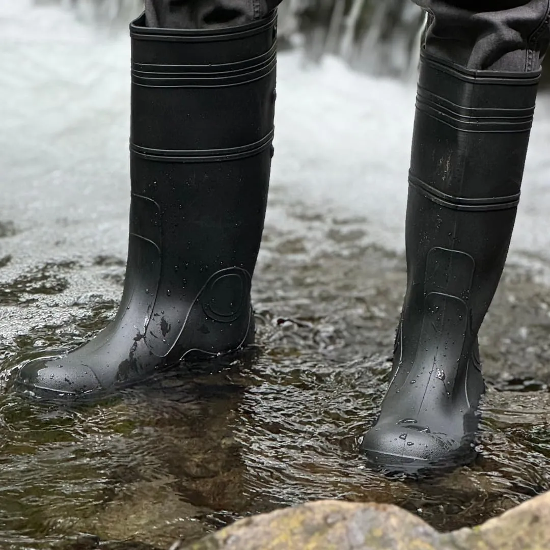 B16ST Industrial Black Waterproof PVC Rubber Rain Boots with Steel Toe Protection, 16-Inch, Unlined with Steel Shank, Outdoor Protective Safety Footwear (1 Pair)