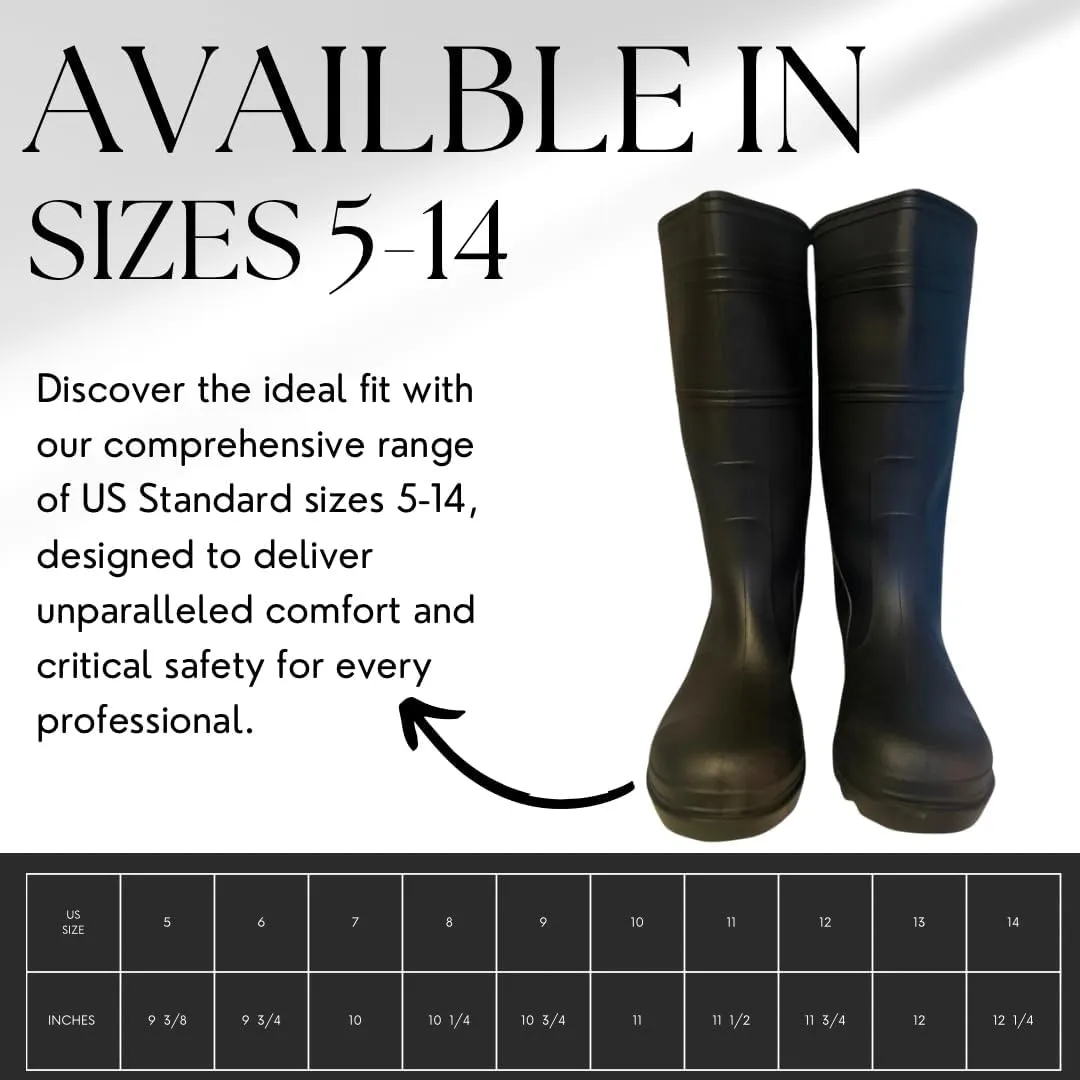 B16ST Industrial Black Waterproof PVC Rubber Rain Boots with Steel Toe Protection, 16-Inch, Unlined with Steel Shank, Outdoor Protective Safety Footwear (1 Pair)