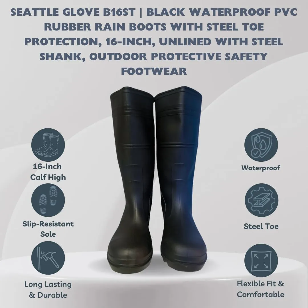 B16ST Industrial Black Waterproof PVC Rubber Rain Boots with Steel Toe Protection, 16-Inch, Unlined with Steel Shank, Outdoor Protective Safety Footwear (1 Pair)