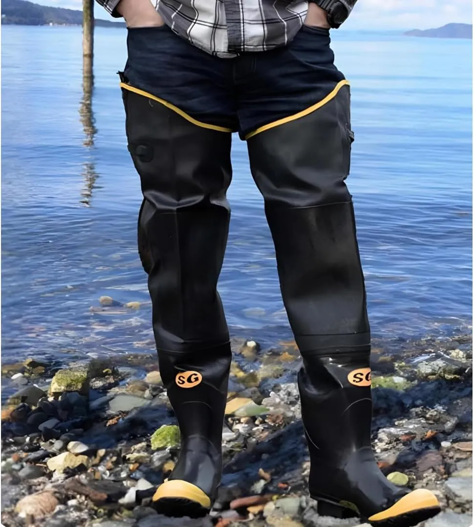 BHW31ST Black Hip Wader Waterproof PVC Rubber Rain Boots with Steel Toe, Fabric Lined and Adjustable Straps- Protective Footwear (1 Pair)