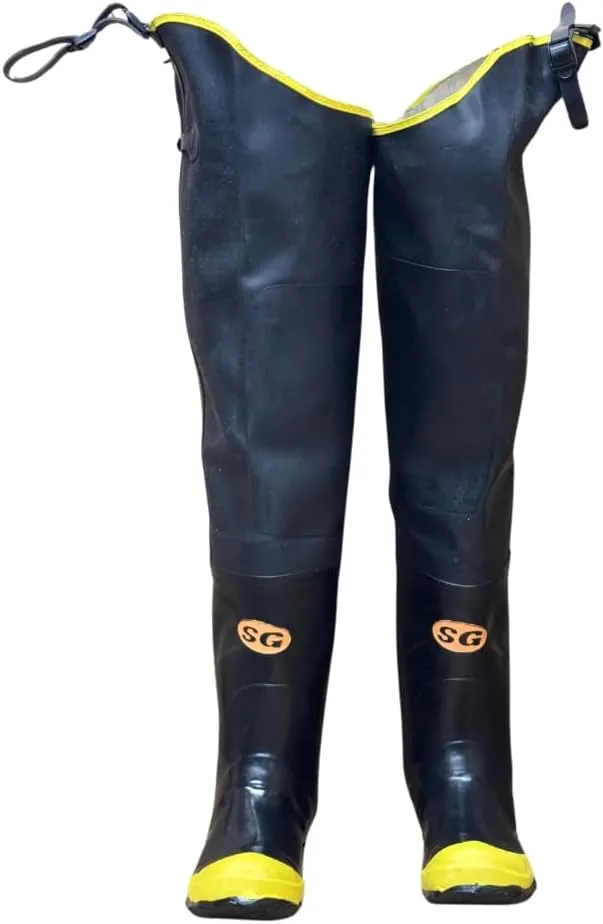 BHW31ST Black Hip Wader Waterproof PVC Rubber Rain Boots with Steel Toe, Fabric Lined and Adjustable Straps- Protective Footwear (1 Pair)