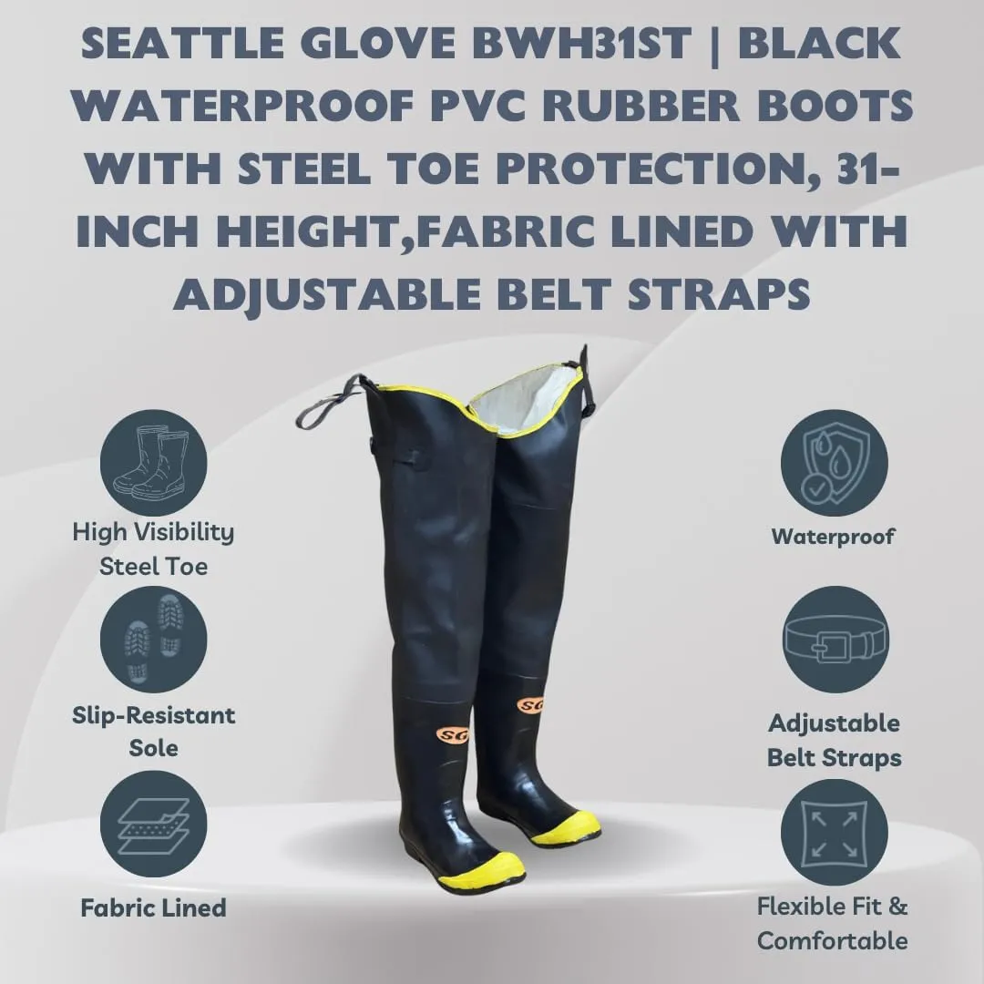 BHW31ST Black Hip Wader Waterproof PVC Rubber Rain Boots with Steel Toe, Fabric Lined and Adjustable Straps- Protective Footwear (1 Pair)