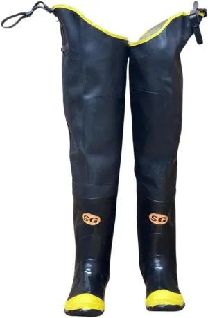 BHW31ST Black Hip Wader Waterproof PVC Rubber Rain Boots with Steel Toe, Fabric Lined and Adjustable Straps- Protective Footwear (1 Pair)