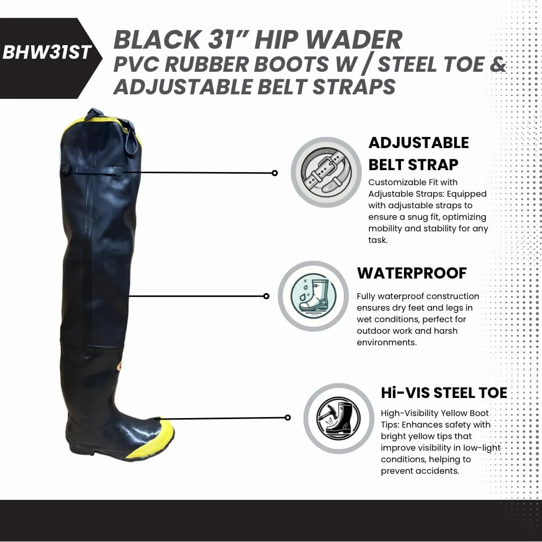 BHW31ST Black Hip Wader Waterproof PVC Rubber Rain Boots with Steel Toe, Fabric Lined and Adjustable Straps- Protective Footwear (1 Pair)