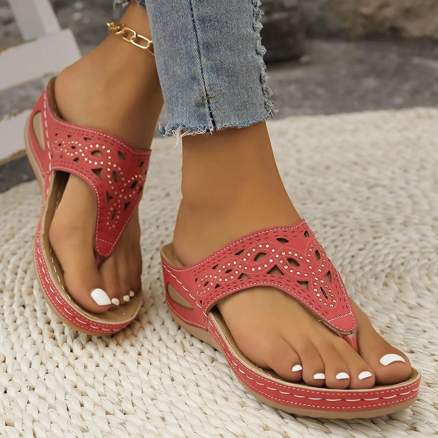 Breathable Mesh Hollow Sports Sandals Non-Slip 2024 New Womens Wedge Orthopedic Flip-Flops Summer Casual Sandals Open Toe