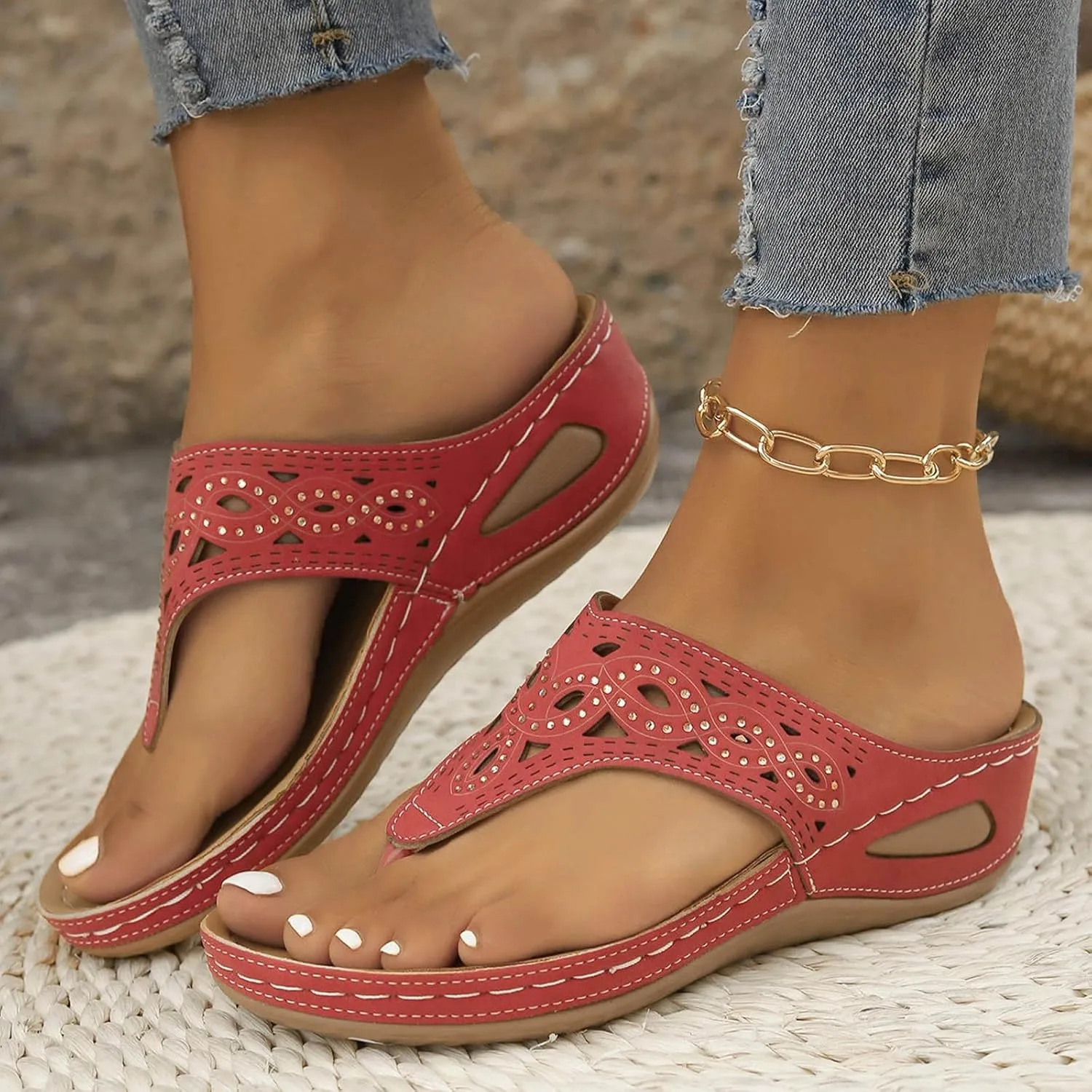 Breathable Mesh Hollow Sports Sandals Non-Slip 2024 New Womens Wedge Orthopedic Flip-Flops Summer Casual Sandals Open Toe