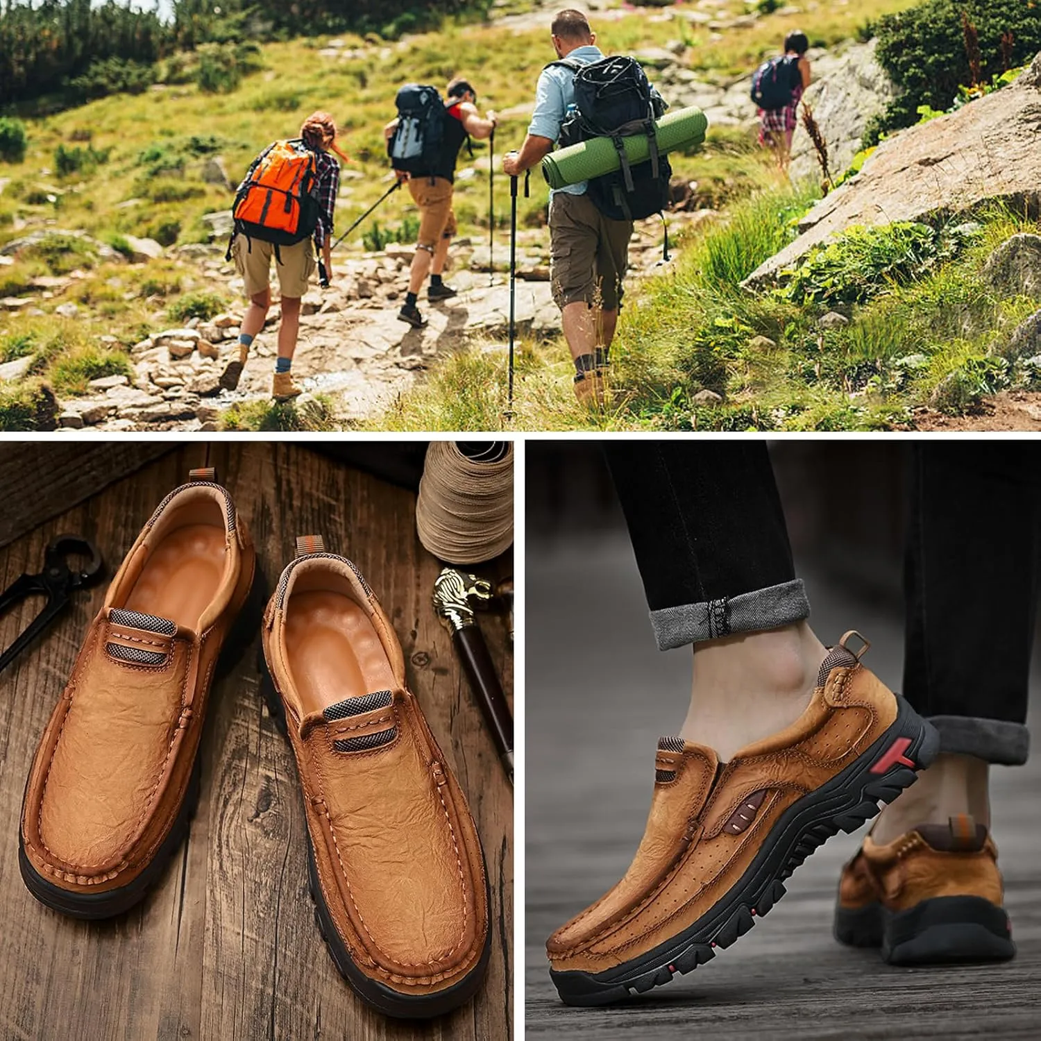 bumuam Mens Hiking Shoes Waterproof Lightweight Ankle Boots Mens Leather Slip-On Dress Loafers Walking Slippers for Men, Outdoor Trekking Camping Sneakers