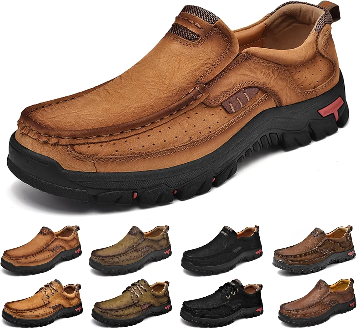 bumuam Mens Hiking Shoes Waterproof Lightweight Ankle Boots Mens Leather Slip-On Dress Loafers Walking Slippers for Men, Outdoor Trekking Camping Sneakers