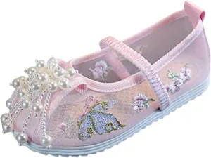 Chinese Traditional Embroidered Costume Shoes Girls Ancient Round Toe Floral Flat Fairy Cheongsam Dress Up Shoes