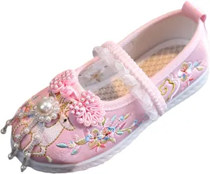 Chinese Traditional Embroidered Costume Shoes Girls Ancient Round Toe Floral Flat Fairy Cheongsam Dress Up Shoes