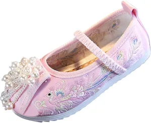 Chinese Traditional Embroidered Costume Shoes Girls Ancient Round Toe Floral Flat Fairy Cheongsam Dress Up Shoes