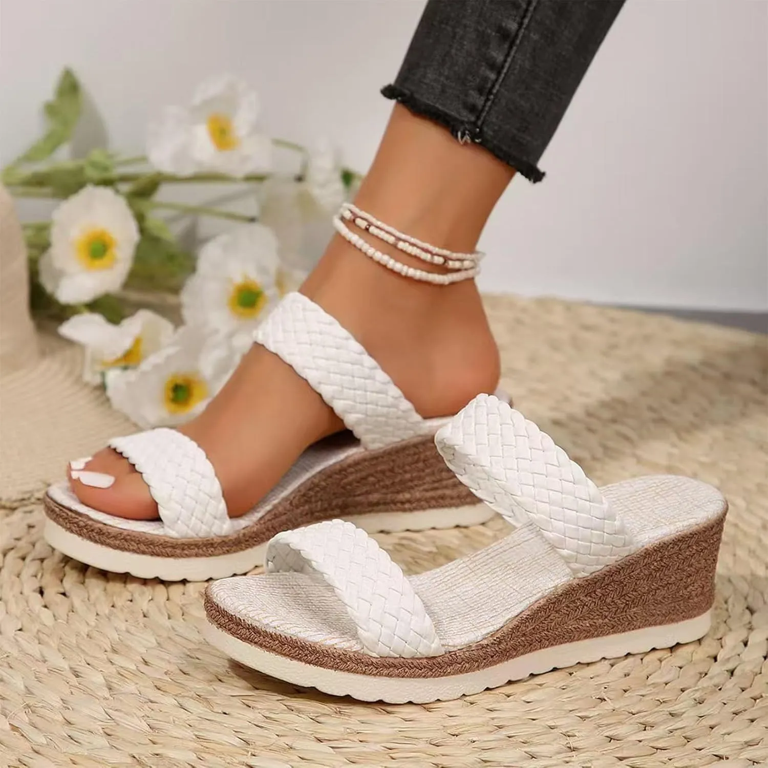 Comfortable Dressy Summer Shoes Sandals With Woven Straps Platform Wedge Heel Rope Sole Boho Toe Ring Slip On Sandals