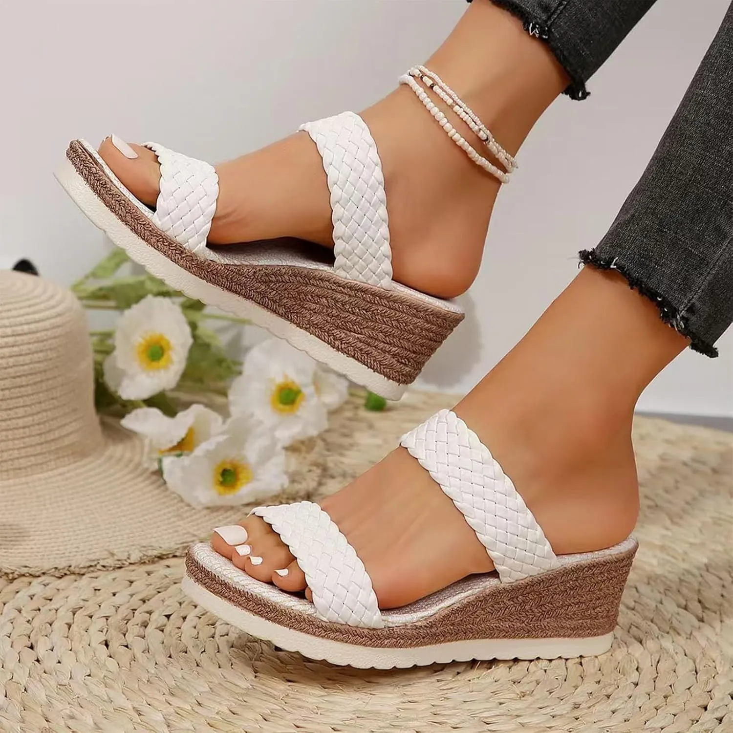 Comfortable Dressy Summer Shoes Sandals With Woven Straps Platform Wedge Heel Rope Sole Boho Toe Ring Slip On Sandals