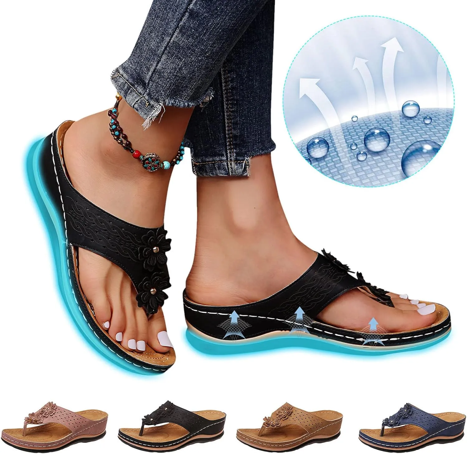 Eduavar Orthopedic Sandals for Women, Sandals Women Comfortable Flip Flops Summer Beach Wedge Sandals with Arch Support