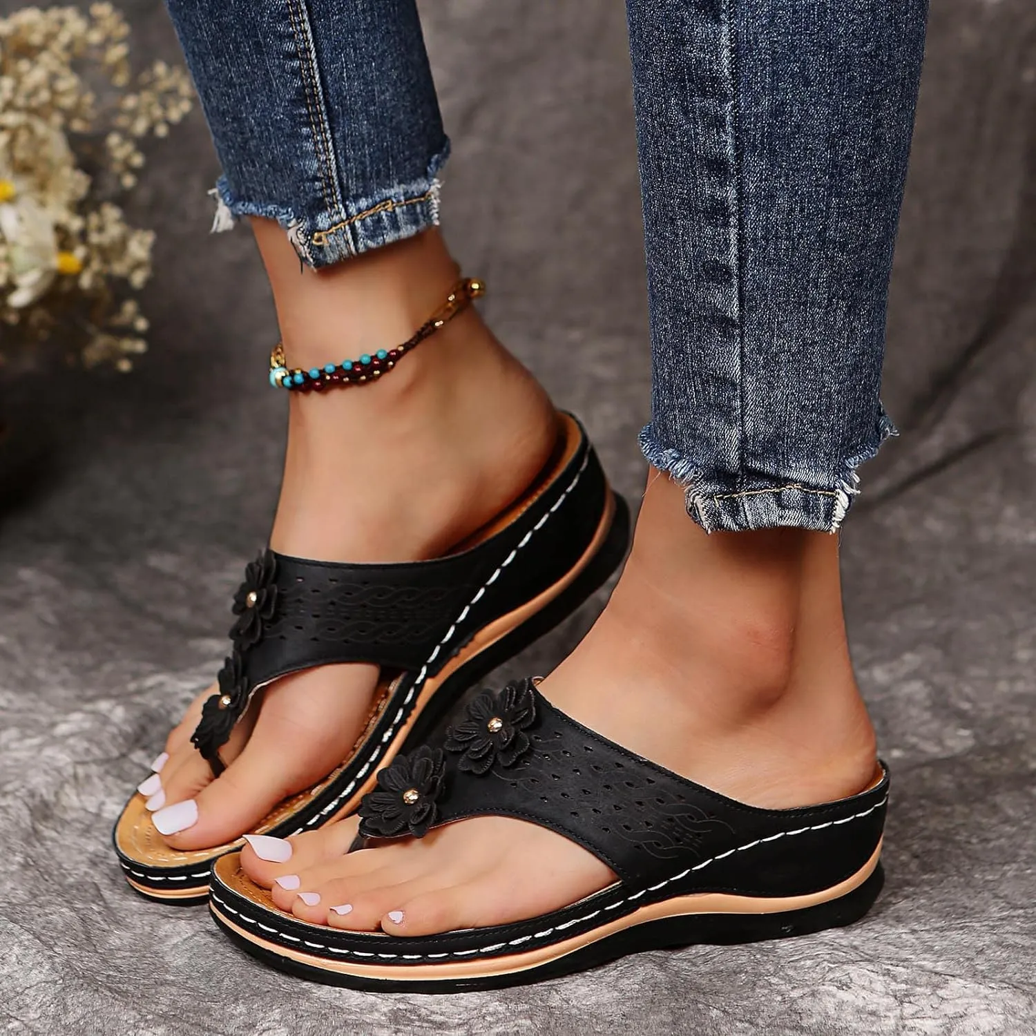 Eduavar Orthopedic Sandals for Women, Sandals Women Comfortable Flip Flops Summer Beach Wedge Sandals with Arch Support
