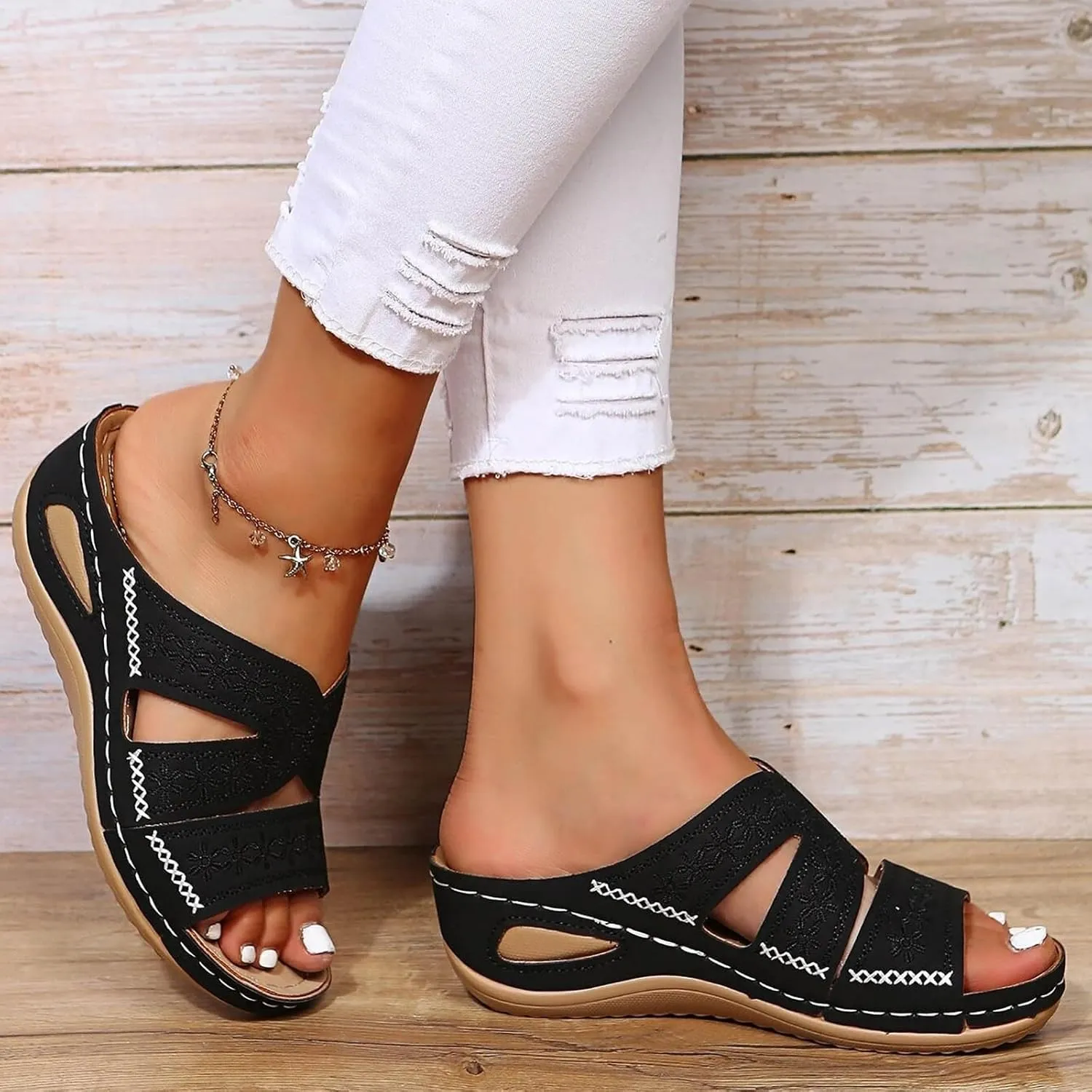 Eduavar Women's Orange Wedge Sandals, Comfortable Vintage Slip-On Open Toe Wedges