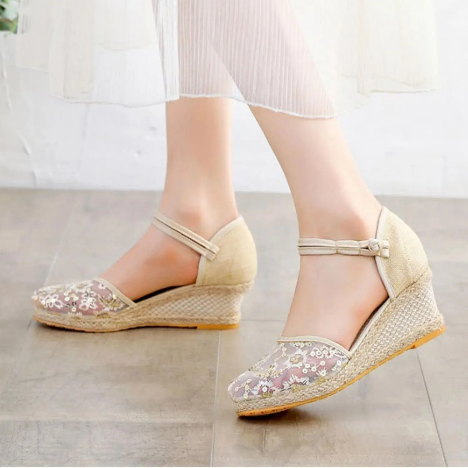 Espadrilles Wedges for Women Closed Toe Lace Up Mesh Shoes Non Slip High Heel Espadrilles Ankle Buckle Strap Platform Sandals Breathable Comfy Summer Shoes