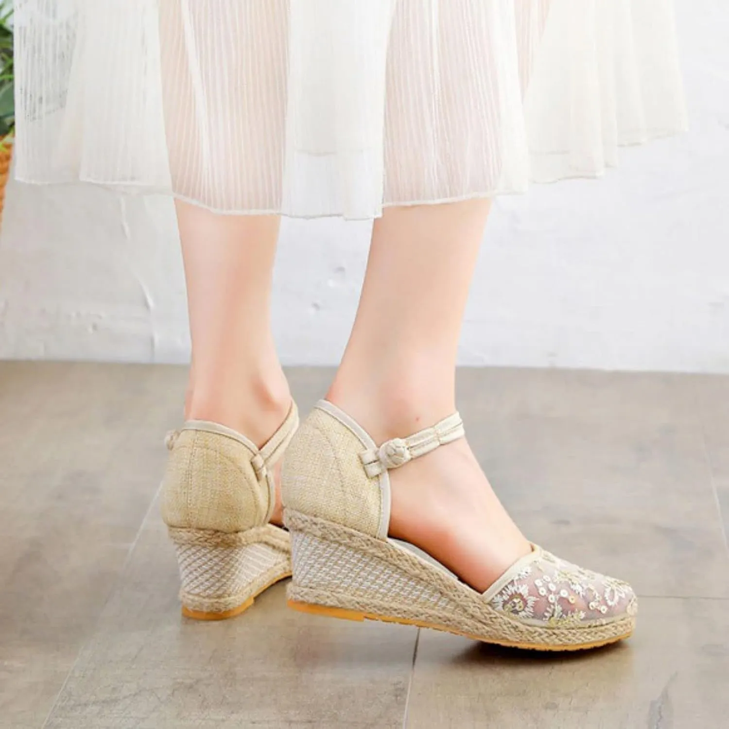 Espadrilles Wedges for Women Closed Toe Lace Up Mesh Shoes Non Slip High Heel Espadrilles Ankle Buckle Strap Platform Sandals Breathable Comfy Summer Shoes