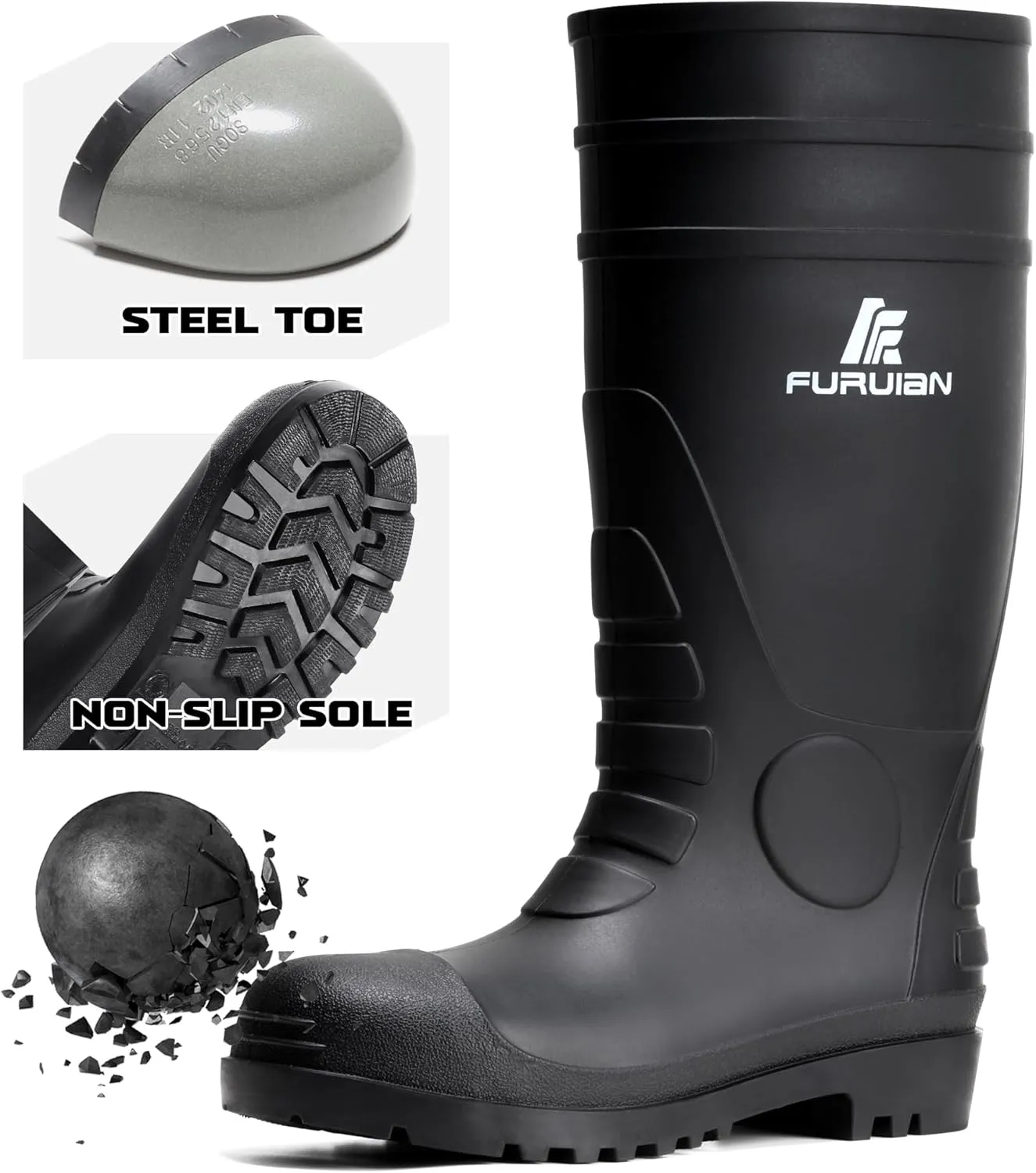 Furuian Men's Steel Toe Rain Boots Waterproof Rubber Work Boots Durable Slip Resistant PVC Rainboots Puncture Proof Knee Boots for Outdoor, Fishing, Gardening, Agriculture and Industrial Working