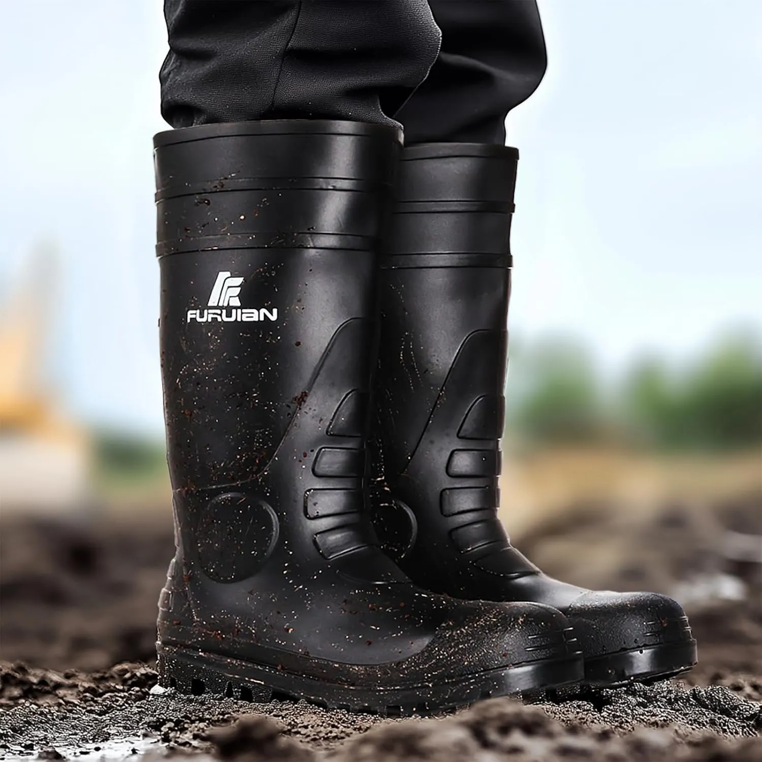Furuian Men's Steel Toe Rain Boots Waterproof Rubber Work Boots Durable Slip Resistant PVC Rainboots Puncture Proof Knee Boots for Outdoor, Fishing, Gardening, Agriculture and Industrial Working