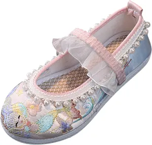 Girls Bunny Floral Embroidery Flats Chinese Traditional Retro School Uniform Wedding Party Casual Walking Shoes