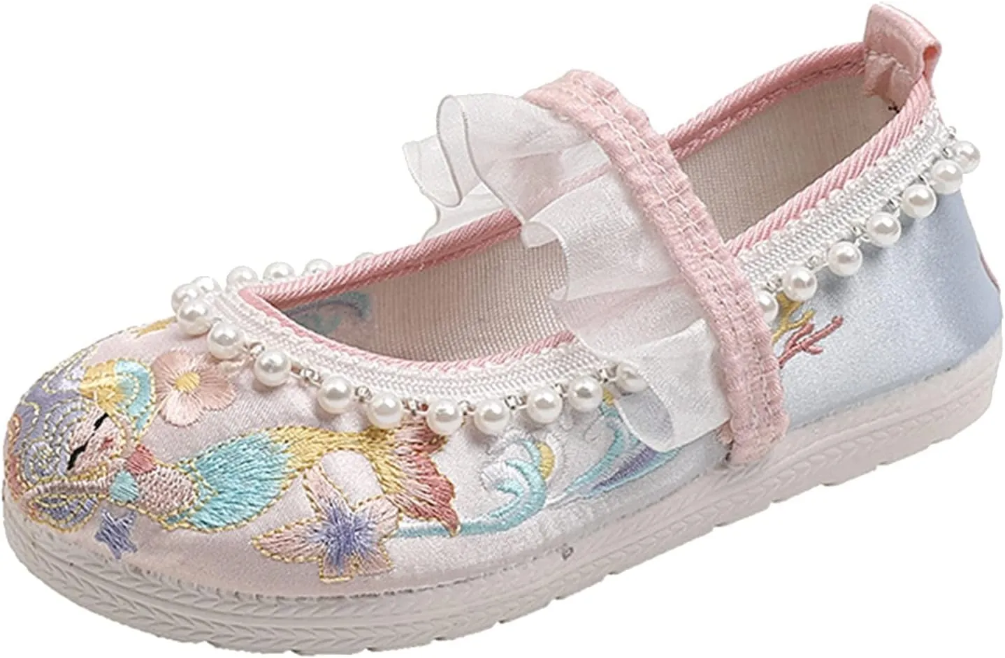 Girls Bunny Floral Embroidery Flats Chinese Traditional Retro School Uniform Wedding Party Casual Walking Shoes