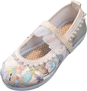Girls Bunny Floral Embroidery Flats Chinese Traditional Retro School Uniform Wedding Party Casual Walking Shoes