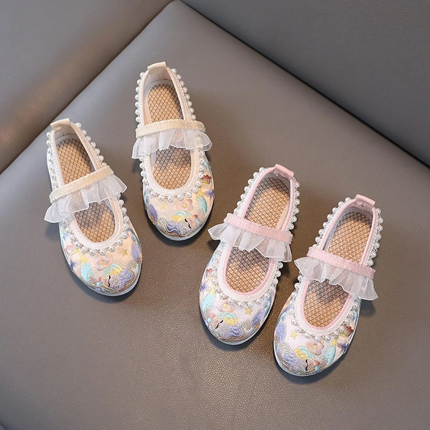 Girls Bunny Floral Embroidery Flats Chinese Traditional Retro School Uniform Wedding Party Casual Walking Shoes