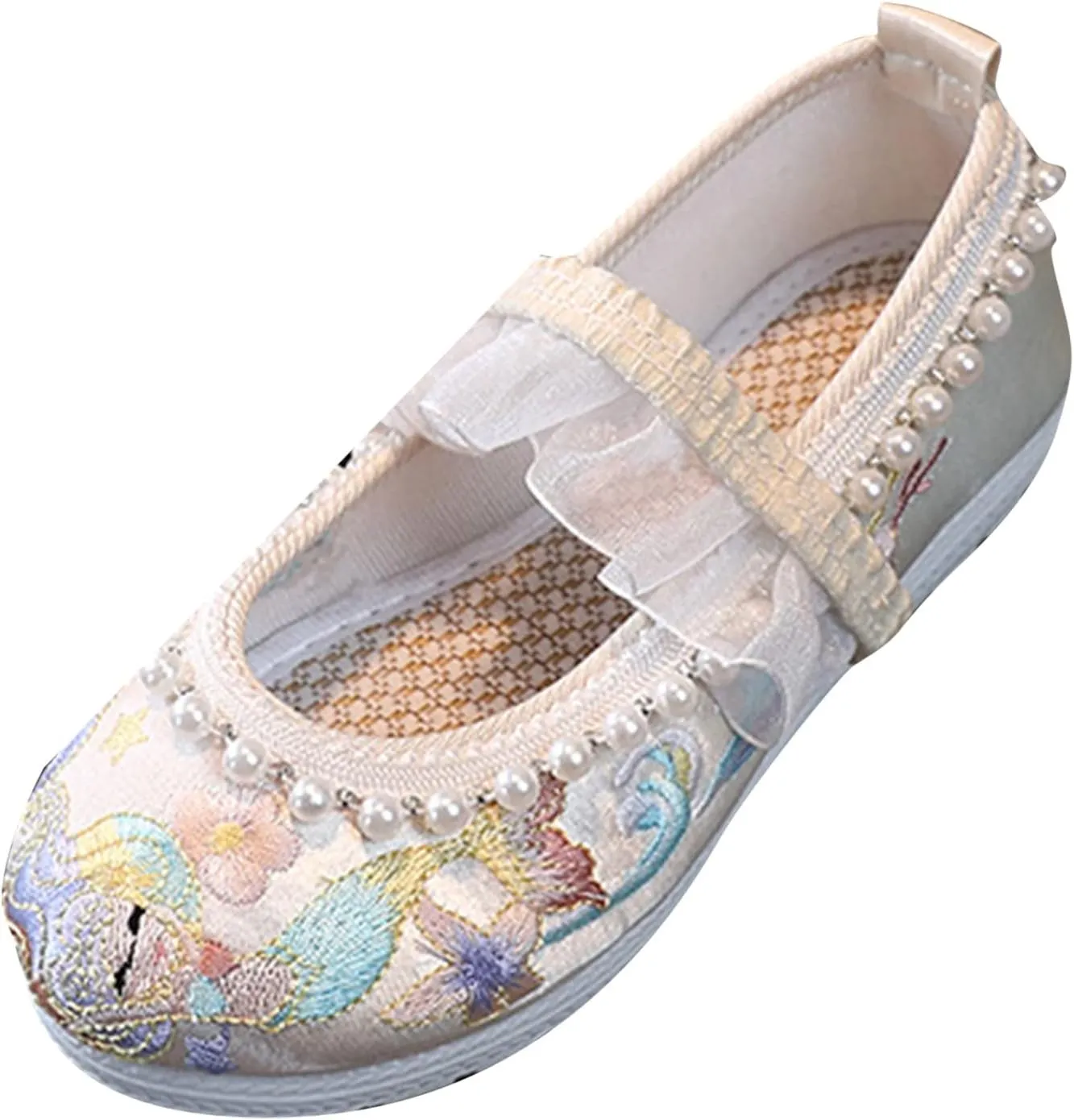 Girls Bunny Floral Embroidery Flats Chinese Traditional Retro School Uniform Wedding Party Casual Walking Shoes