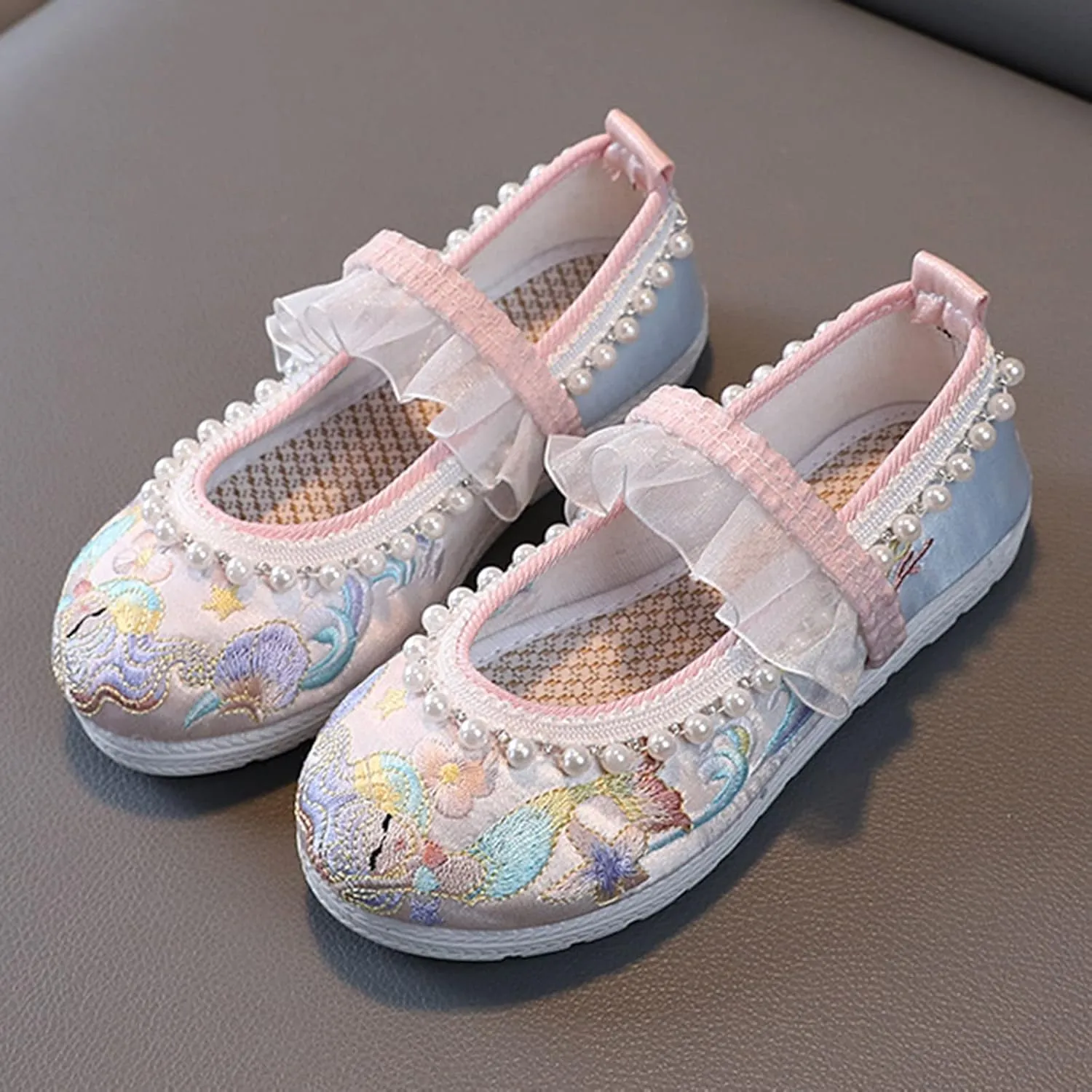 Girls Bunny Floral Embroidery Flats Chinese Traditional Retro School Uniform Wedding Party Casual Walking Shoes