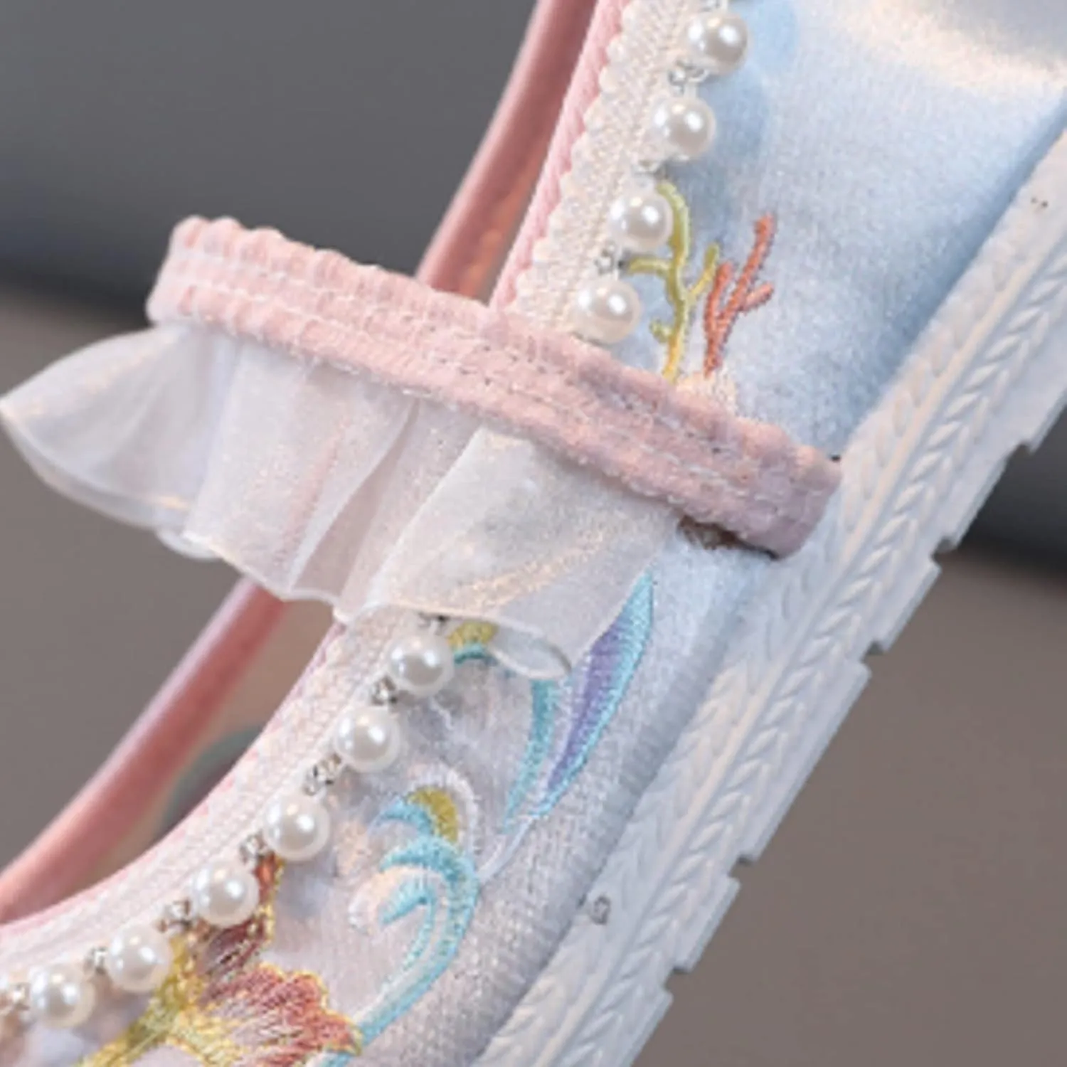 Girls Bunny Floral Embroidery Flats Chinese Traditional Retro School Uniform Wedding Party Casual Walking Shoes