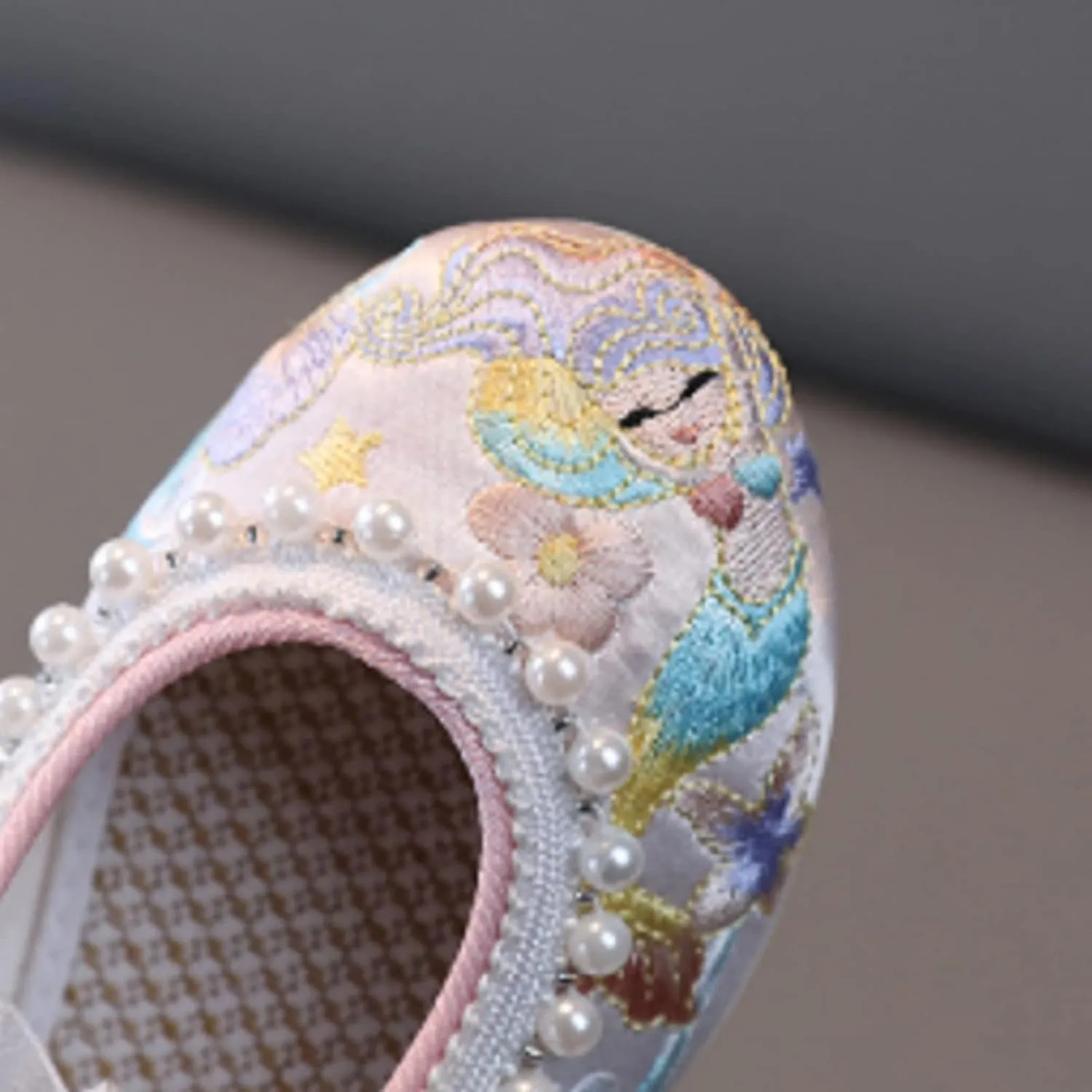 Girls Bunny Floral Embroidery Flats Chinese Traditional Retro School Uniform Wedding Party Casual Walking Shoes