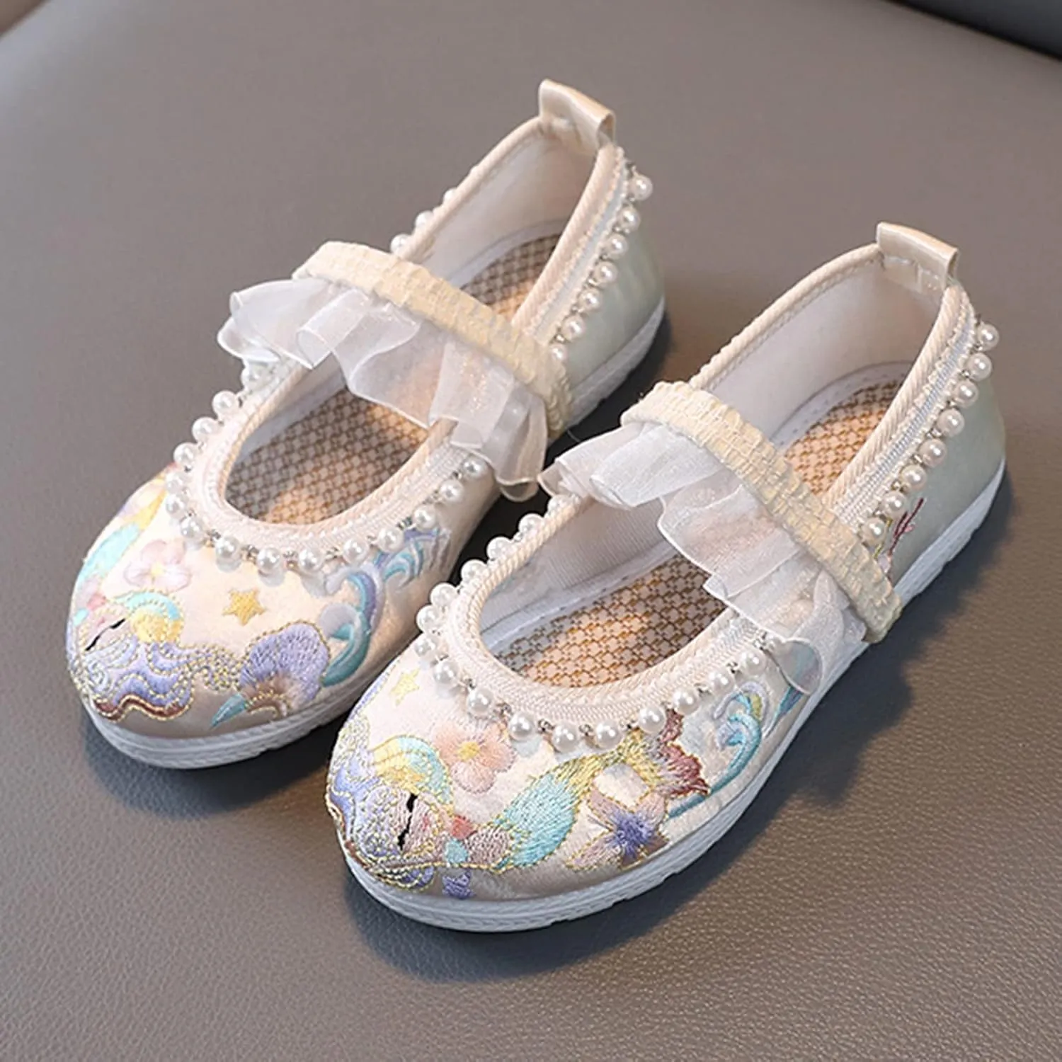 Girls Bunny Floral Embroidery Flats Chinese Traditional Retro School Uniform Wedding Party Casual Walking Shoes