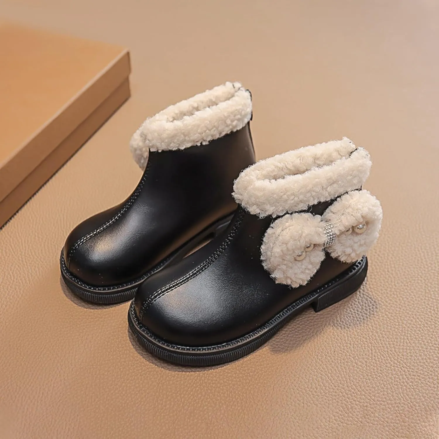 Girl's Short Ankle Boots Warm Side Zipper Boots Low Heel Short Booties Winter Anti-Slip Outdoor Shoes for Big Kids