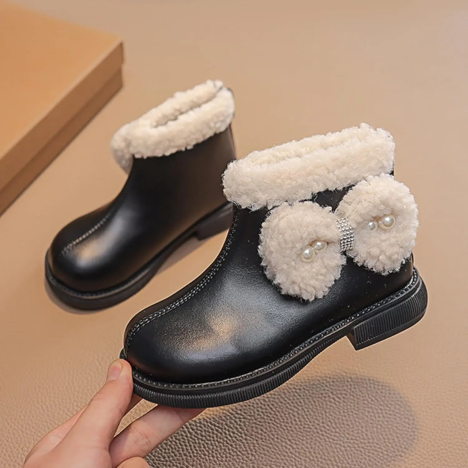 Girl's Short Ankle Boots Warm Side Zipper Boots Low Heel Short Booties Winter Anti-Slip Outdoor Shoes for Big Kids