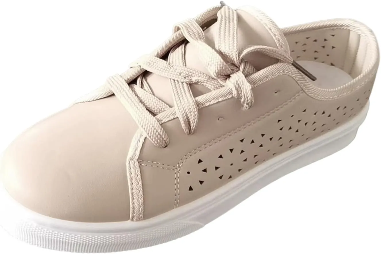 Ladies Fashion Solid Color Breathable Hollow Leather Lace Up Flat Bottomed Casual Shoes Casual Lace up Shoes for Women