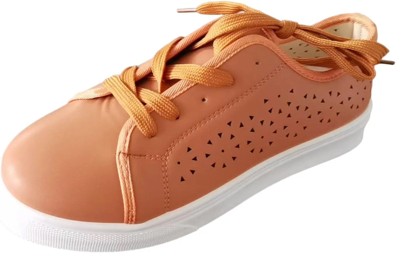 Ladies Fashion Solid Color Breathable Hollow Leather Lace Up Flat Bottomed Casual Shoes Casual Lace up Shoes for Women