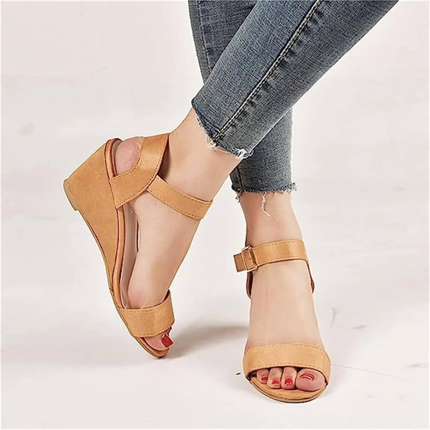 Ladmiple Summer Sandals for Women 2023 Comfy Ankle Strap Slip On Wedge Sandal Open Toe Casual High Heels Platform Wedges