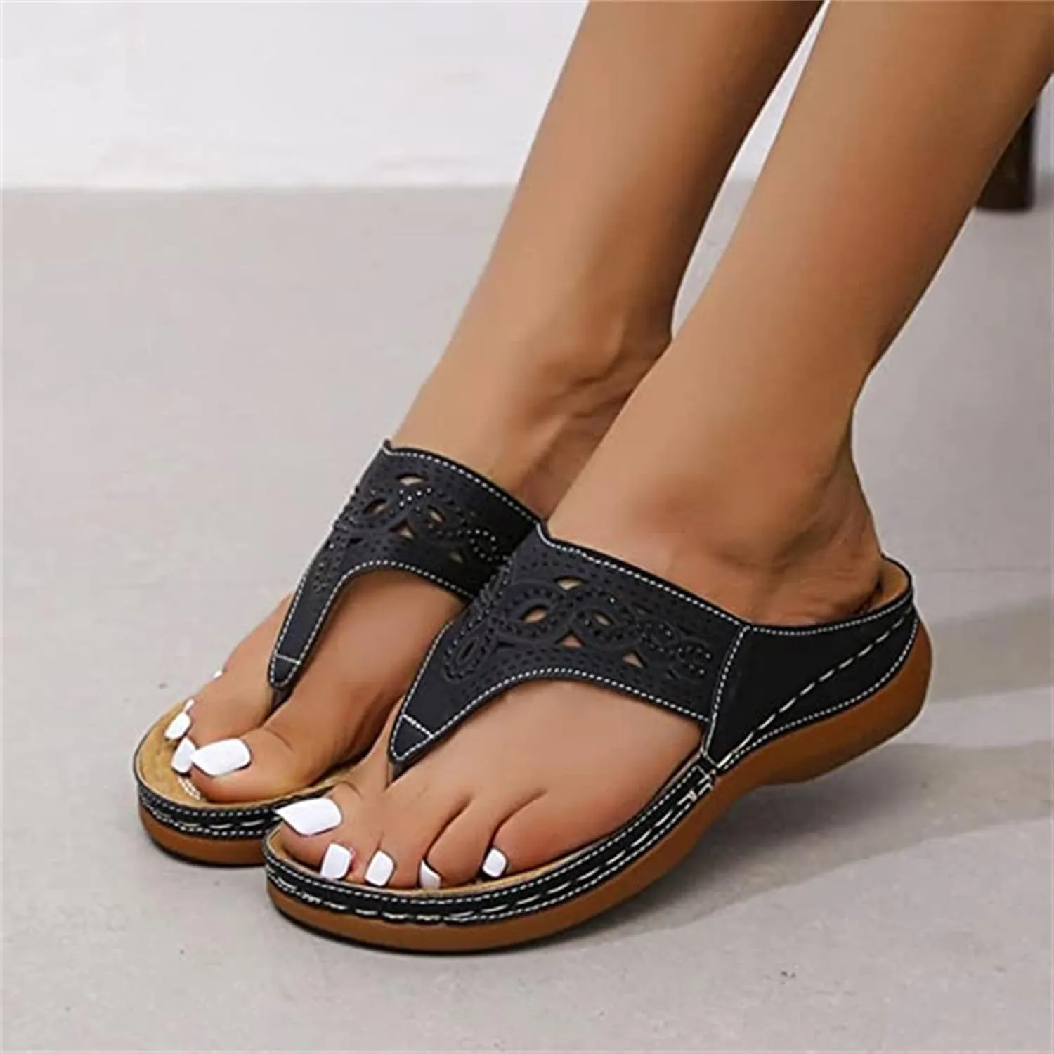 Ladmiple Womens Casual Summer Hollow Out Orthopedic Platform Flip Flops Arch Support Beach Roman Clip Toe Slip On Shoes