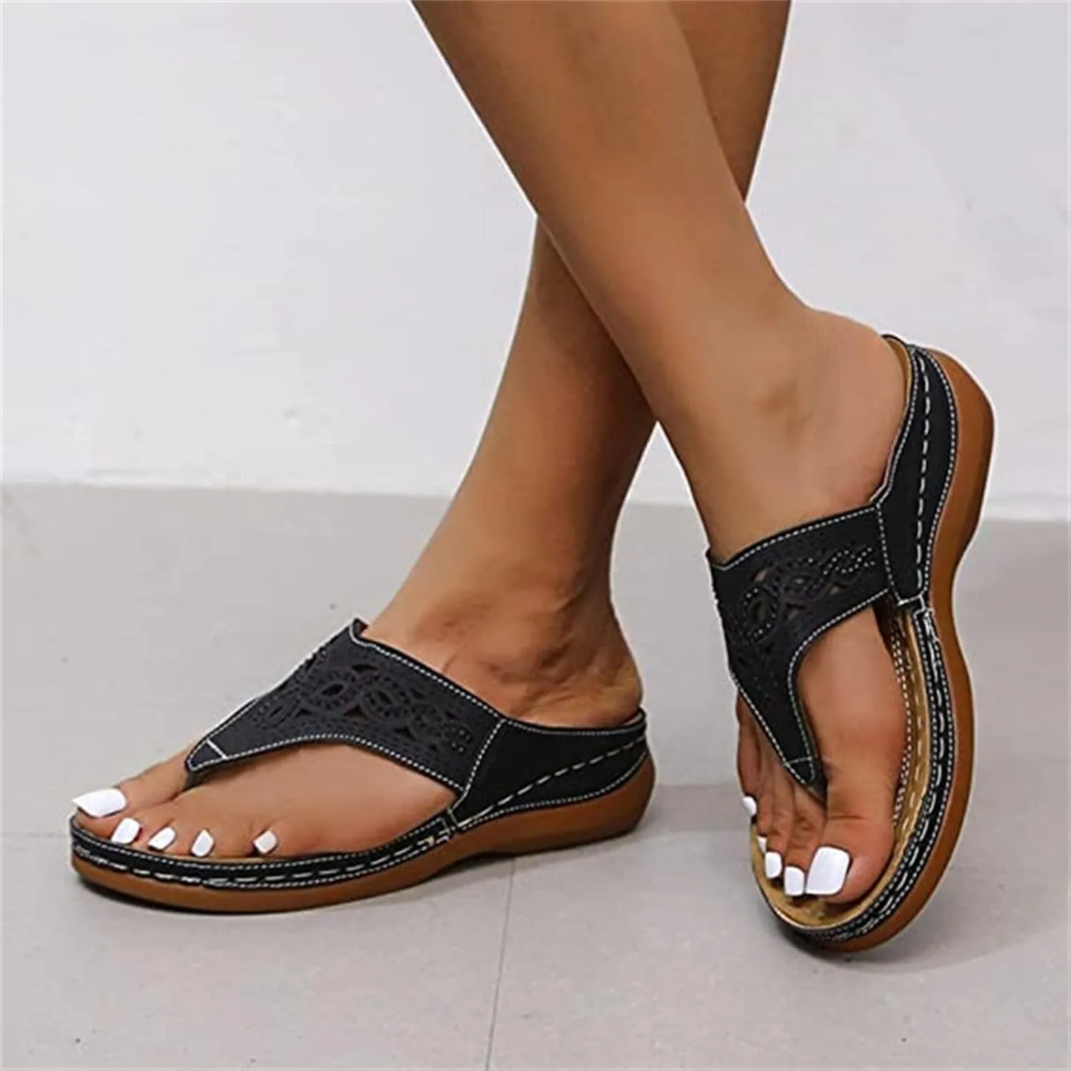 Ladmiple Womens Casual Summer Hollow Out Orthopedic Platform Flip Flops Arch Support Beach Roman Clip Toe Slip On Shoes