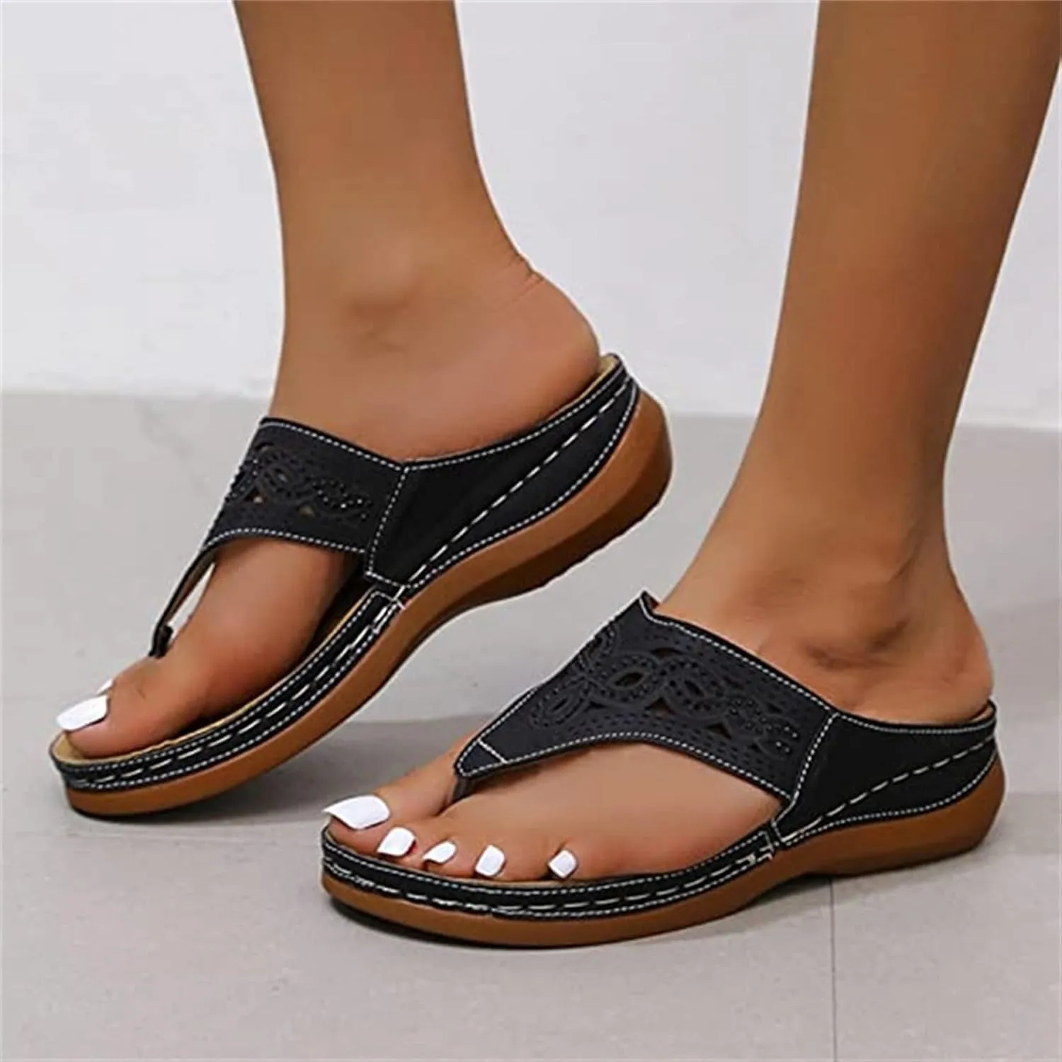 Ladmiple Womens Casual Summer Hollow Out Orthopedic Platform Flip Flops Arch Support Beach Roman Clip Toe Slip On Shoes