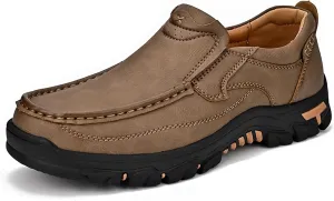 Men Slip on Loafers, Leather Hiking Shoes, Waterproof Causal Sneakers, Work Walking Slippers, Easy Wear on/Off, for Travel, Camping, Running