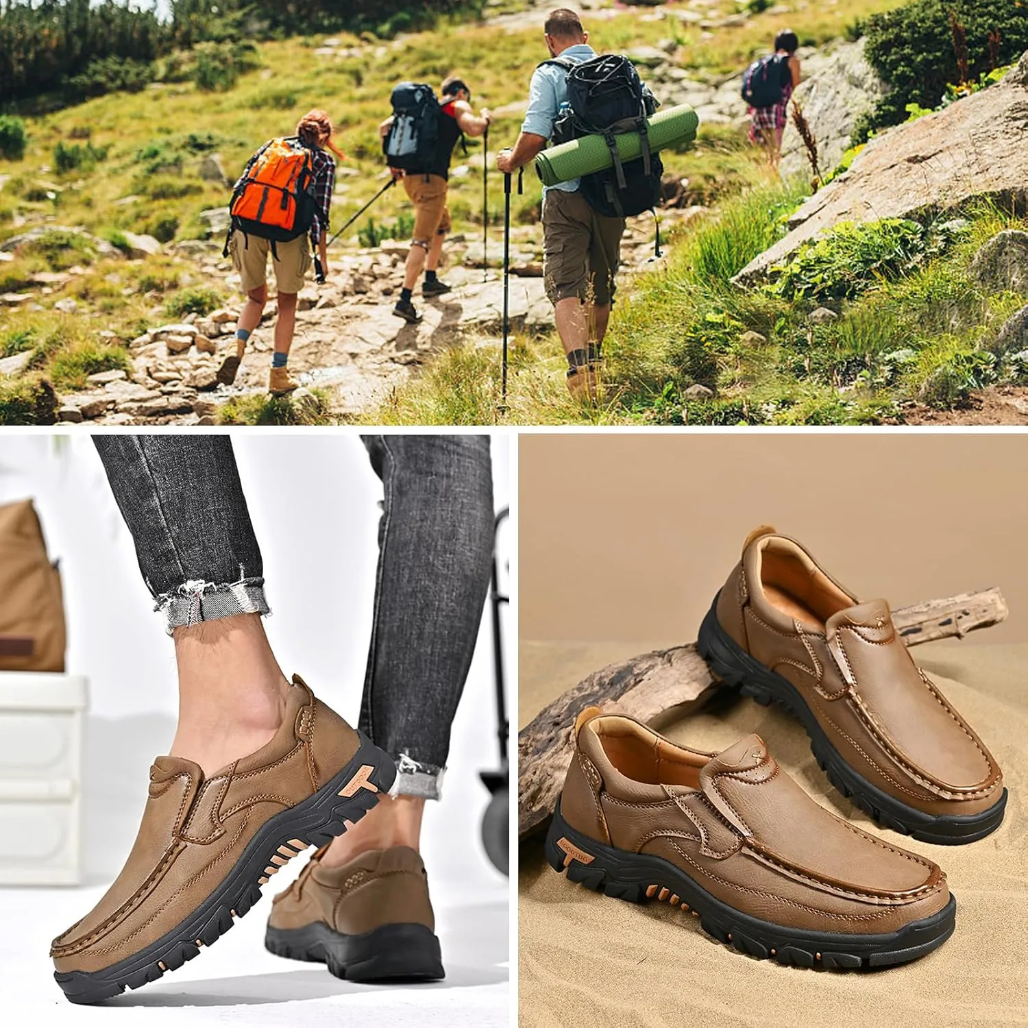 Men Slip on Loafers, Leather Hiking Shoes, Waterproof Causal Sneakers, Work Walking Slippers, Easy Wear on/Off, for Travel, Camping, Running