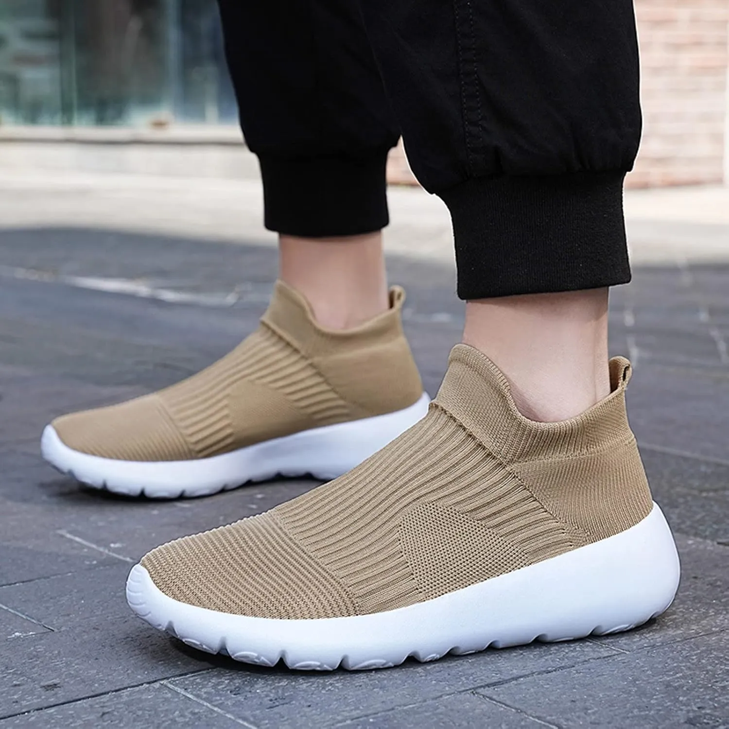 Men's High Top Sock Shoes Summer Mesh Breathable Sneakers Comfortable Solid Slip On Sneakers Labor Work Shoes