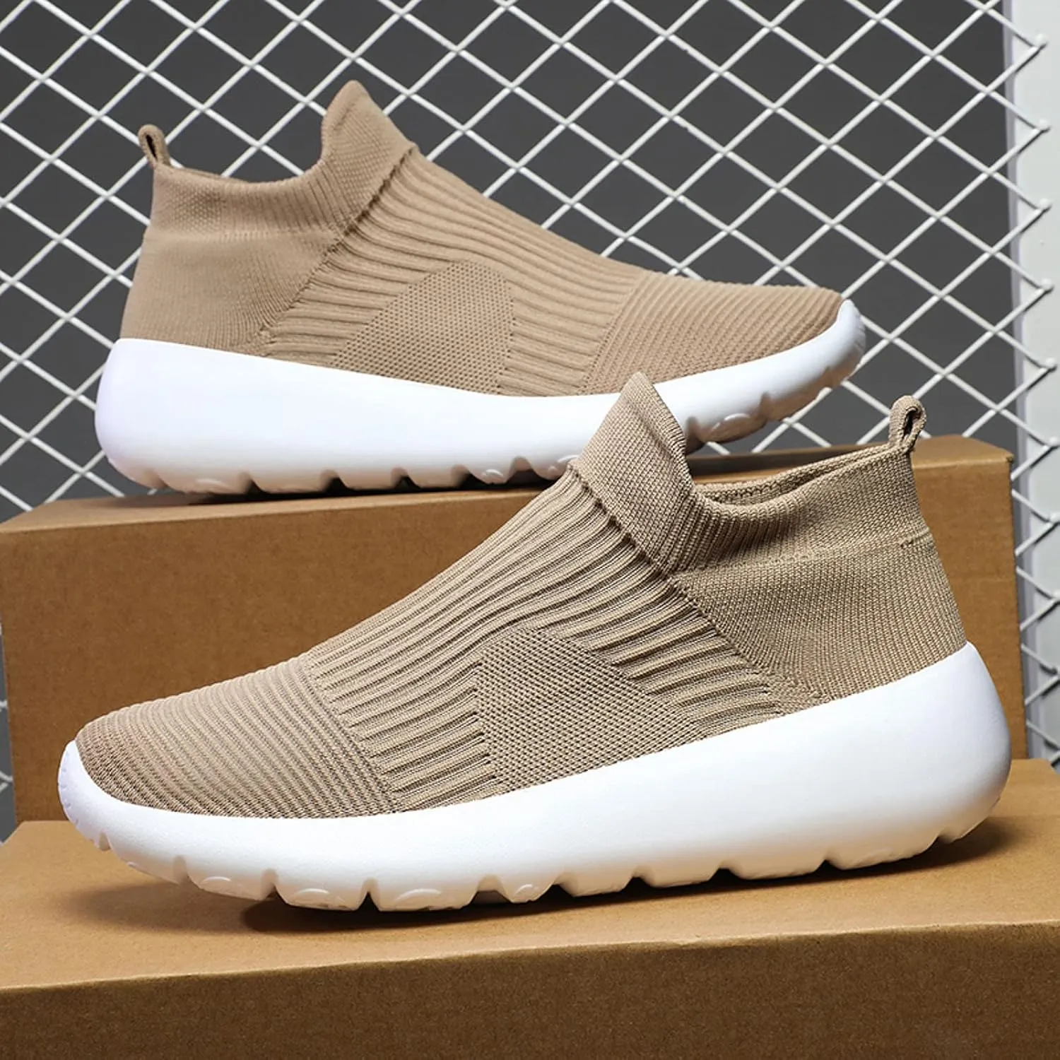 Men's High Top Sock Shoes Summer Mesh Breathable Sneakers Comfortable Solid Slip On Sneakers Labor Work Shoes