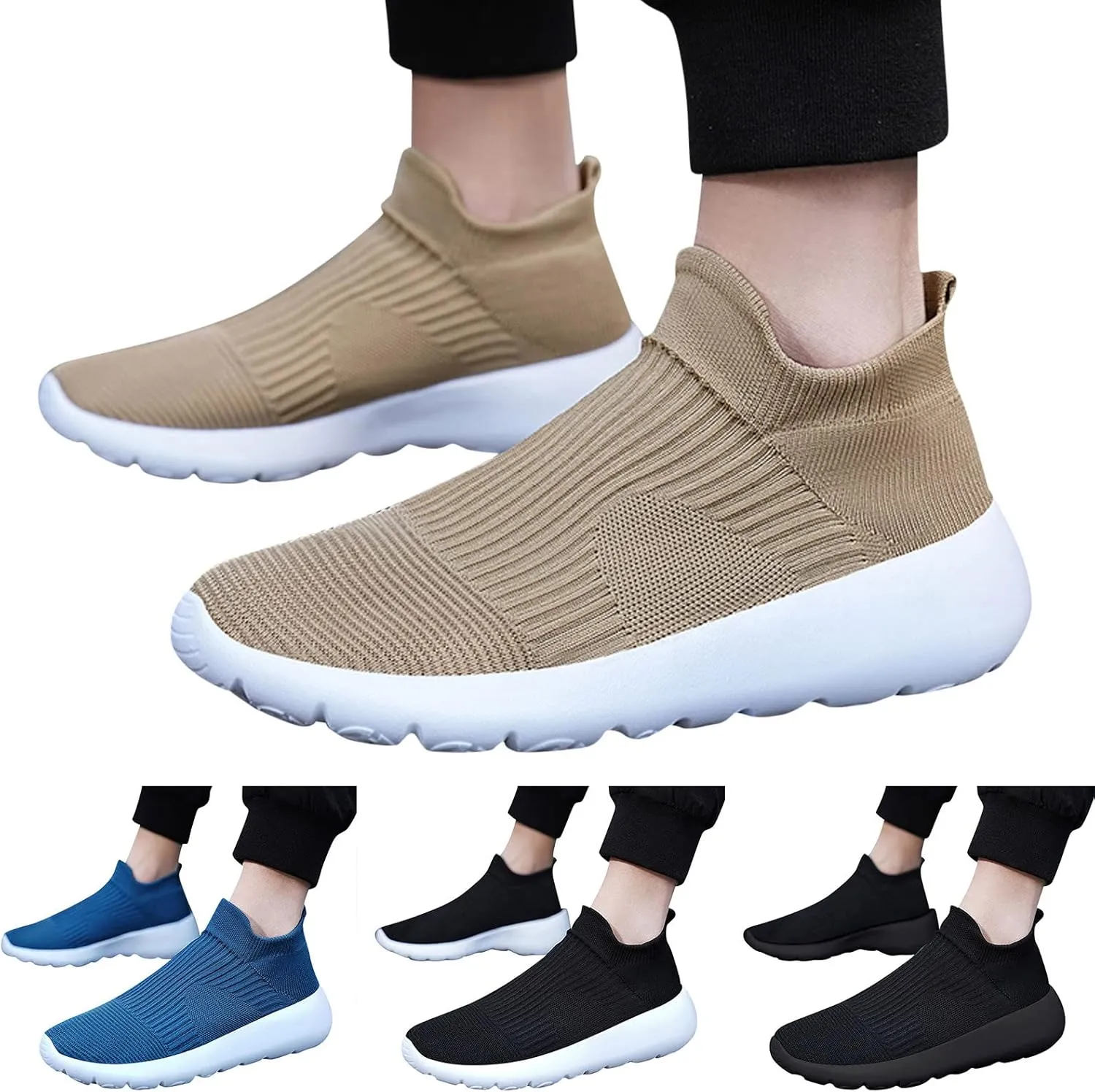 Men's High Top Sock Shoes Summer Mesh Breathable Sneakers Comfortable Solid Slip On Sneakers Labor Work Shoes