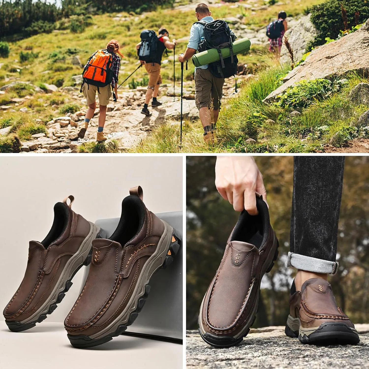 Men's Slip On Loafers, Lightweight Walking Sneakers, Casual Outdoor Leather Shoes, Comfortable Hiking Shoes for Travel, Camping, Running