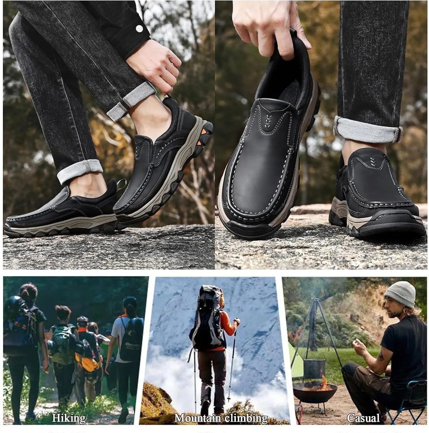 Men's Water-Resistant Leather Slip On Loafers Walking Shoes, Comfortable Breathable Business Dress Casual Driving for Outdoor Hiking